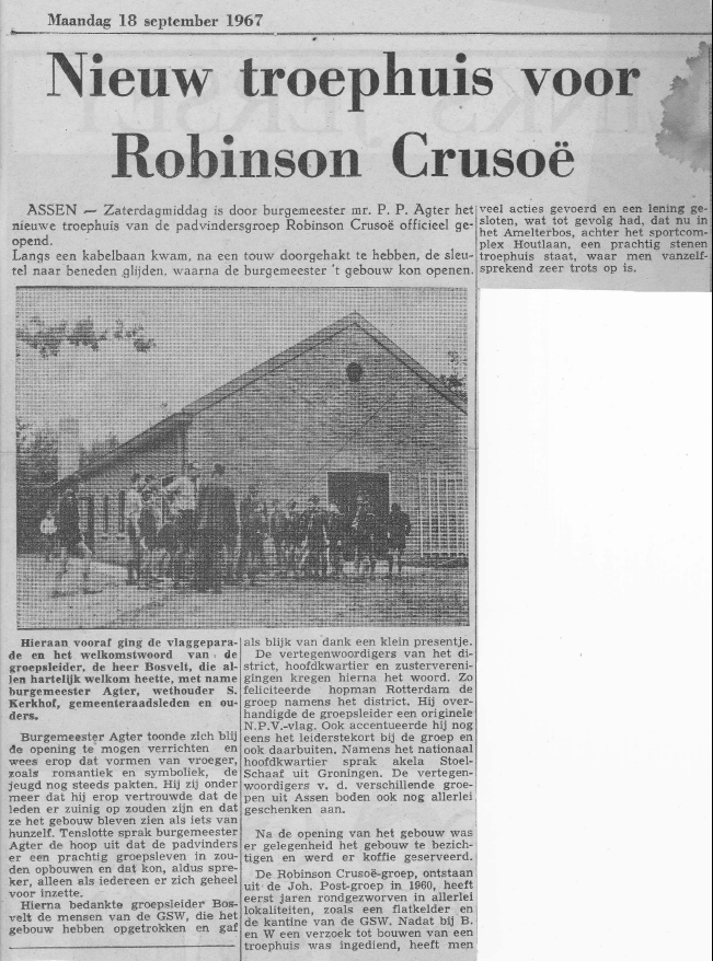 krantenartikel van 18-7-1967 over het nieuwe troephuis Robinson Crusoë